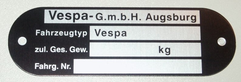 Typenschild "Vespa GmbH Augsburg" oval